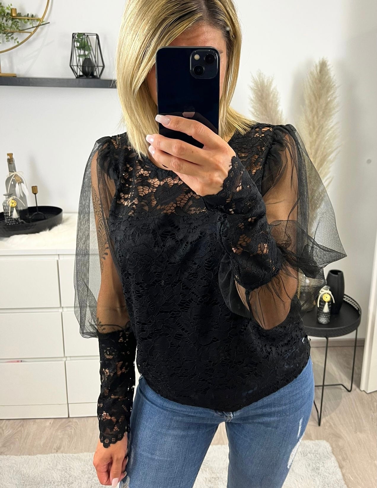 Bluse Ärmel transparent schwarz