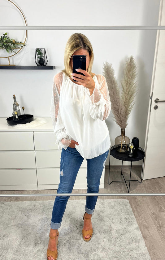 Bluse weiß Ärmel transparent